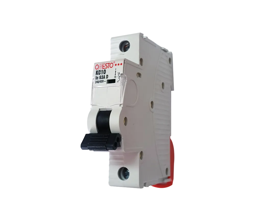 A single pole 10kA circuit breaker with a red switch, DIN rail miniature circuit breaker curve 'D'.