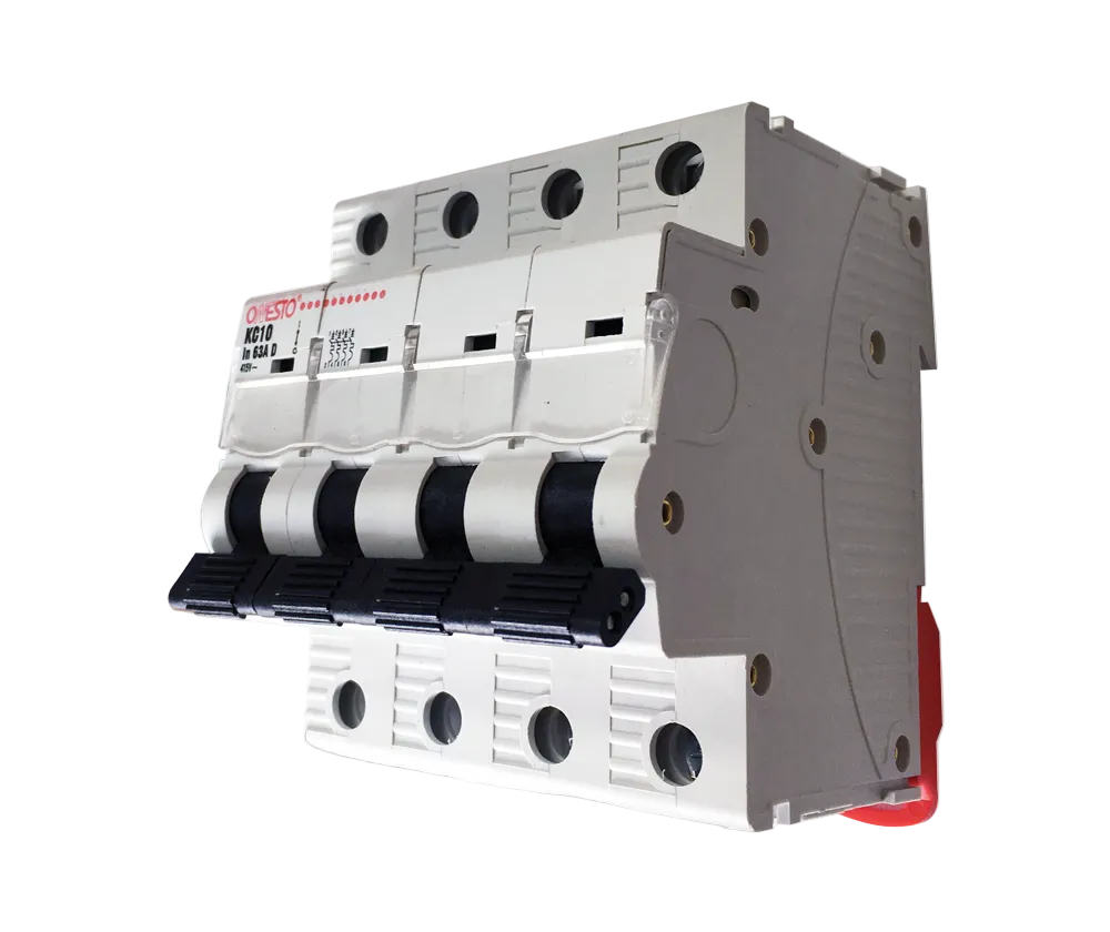 A four pole miniature circuit breaker with a white casing and a red switch, designed for din rail mounting.