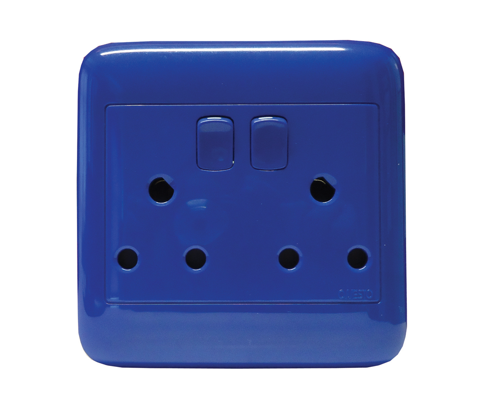A blue 4x4 dedicated double switch socket with two switches visible on the front panel.
