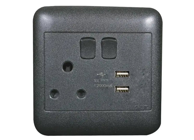 4X4 Black Switched Socket + 2 USB Sockets