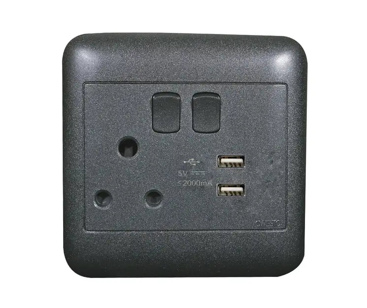 4X4 Black Switched Socket + 2 USB Sockets