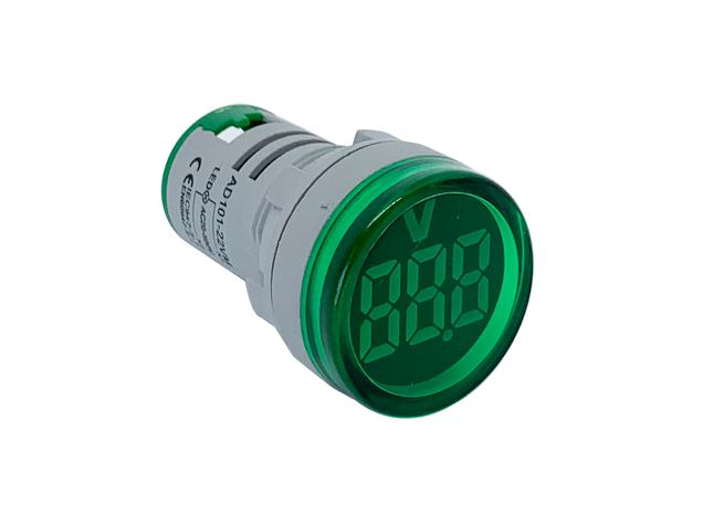 A digital voltmeter with a green display showing the voltage reading.
