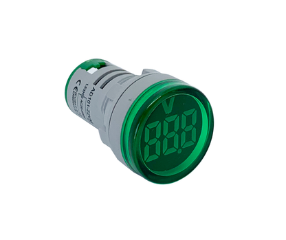 A digital voltmeter with a green display showing the voltage reading.