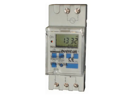 A digital electronic time switch with LCD display and several control buttons, mounted on a DIN rail.