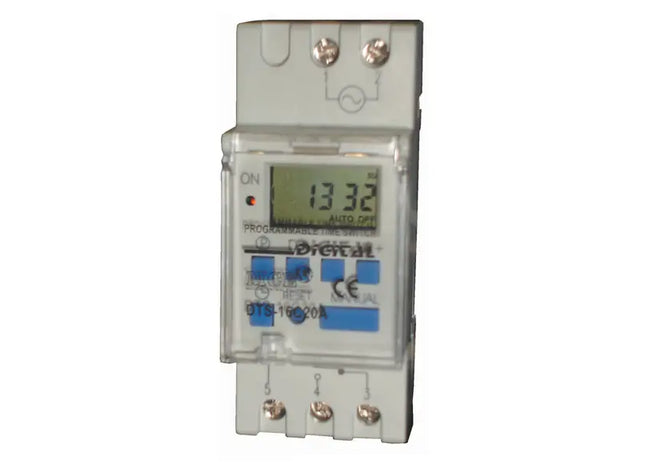 A digital electronic time switch with LCD display and several control buttons, mounted on a DIN rail.