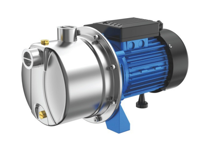 Pump with blue motor and stainless steel casing on a white background