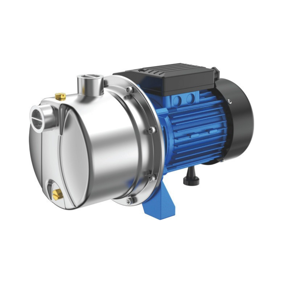 Pump with blue motor and stainless steel casing on a white background
