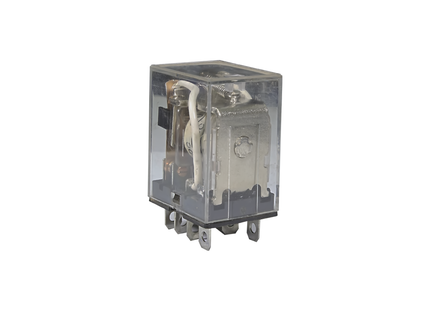 An 8-pin plug-in relay with a clear casing, showing internal components and wiring.