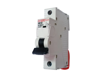 A single pole 10kA circuit breaker with a red switch, DIN rail miniature circuit breaker curve 'D'.