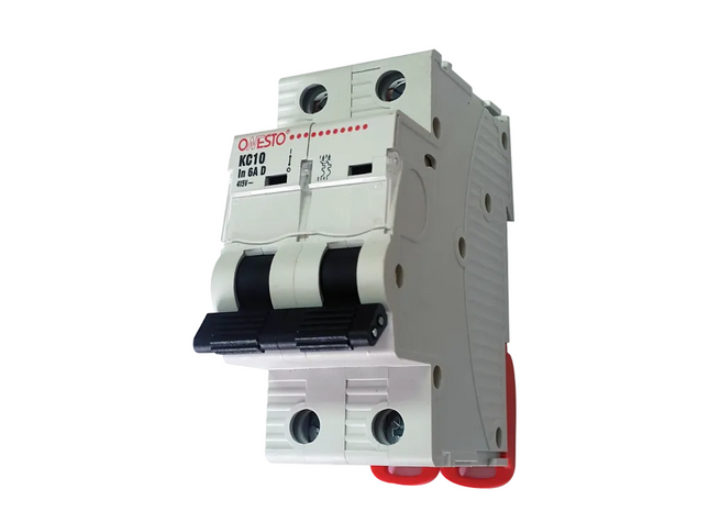A double pole miniature circuit breaker with a 10kA breaking capacity, DIN rail mounted, predominantly gray in color with red accents.