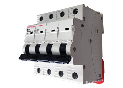A four pole miniature circuit breaker with a white casing and a red switch, designed for din rail mounting.