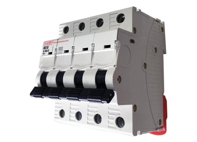 A four pole miniature circuit breaker with a white casing and a red switch, designed for din rail mounting.