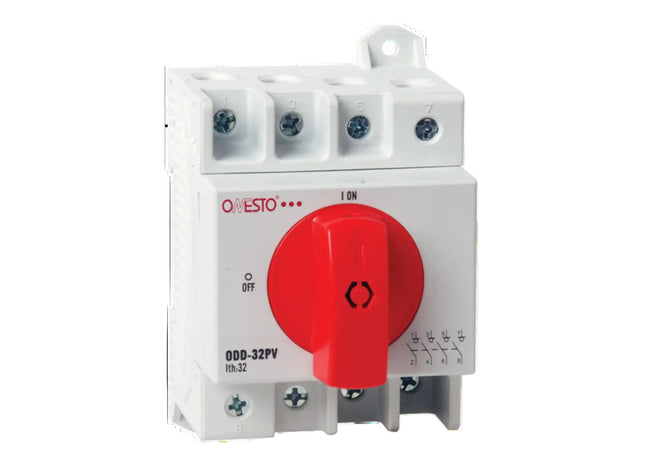 Electrical switch with a red button on a white background