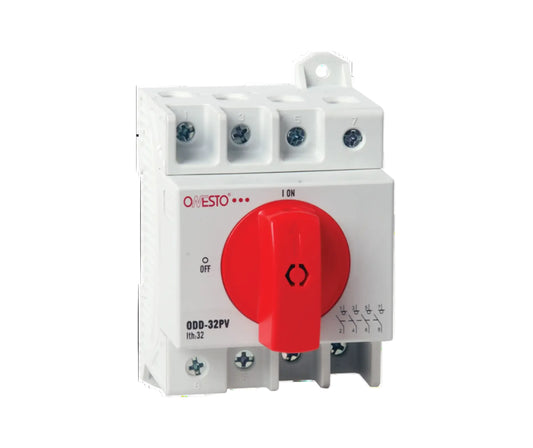 Electrical switch with a red button on a white background