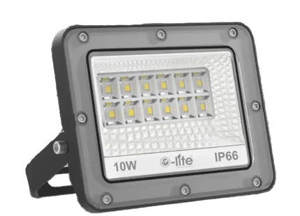 LED flood light with 10W rating and IP66 rating on a white background
