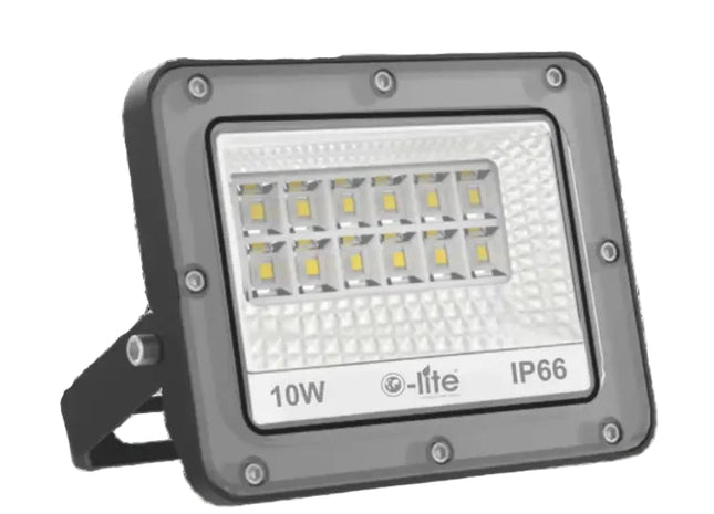LED flood light with 10W rating and IP66 rating on a white background