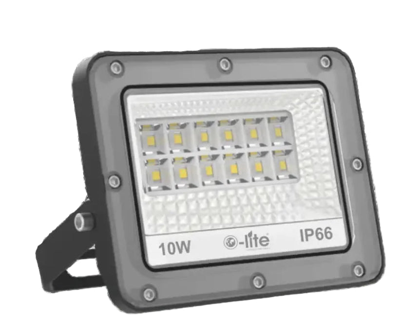 LED flood light with 10W rating and IP66 rating on a white background