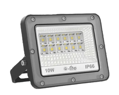 LED flood light with 10W rating and IP66 rating on a white background