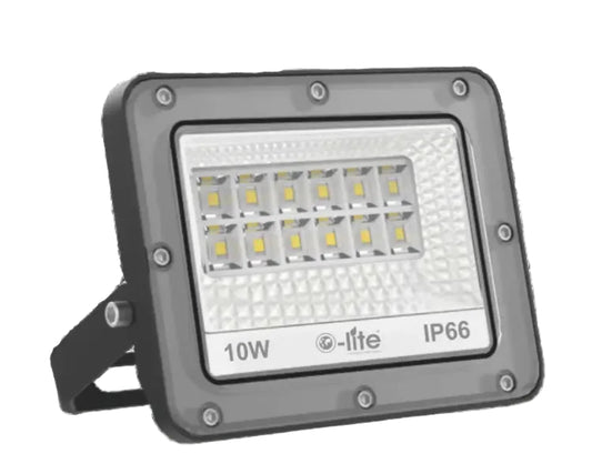 LED flood light with 10W rating and IP66 rating on a white background