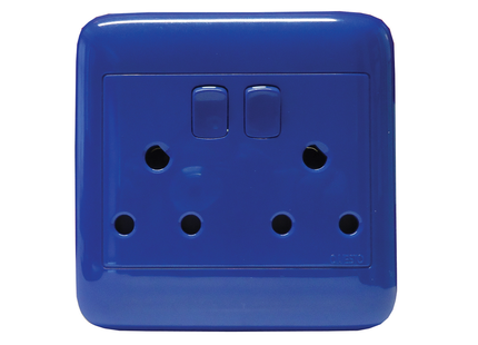 A blue 4x4 dedicated double switch socket with two switches visible on the front panel.