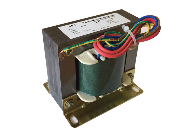 A swimming pool transformer with a green top, gray body and red, yellow, and blue wires.