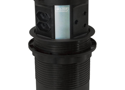 Black cylindrical electrical plug with MAJOR branding on a white background
