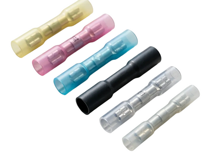 Five electrical spade terminal connectors in assorted colors (yellow, pink, blue, black, and clear) arranged diagonally on a light gray textured surface, with a Maple Leaf Electrical Supplies logo in the top right corner.