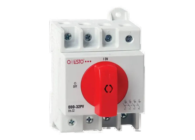 A red and white DC double pole isolator with a DIN rail mount design, applicable to DC21B standards.