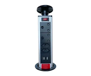 A black pop-up USB charging port with a plastic top cover, featuring multiple socket outlets.